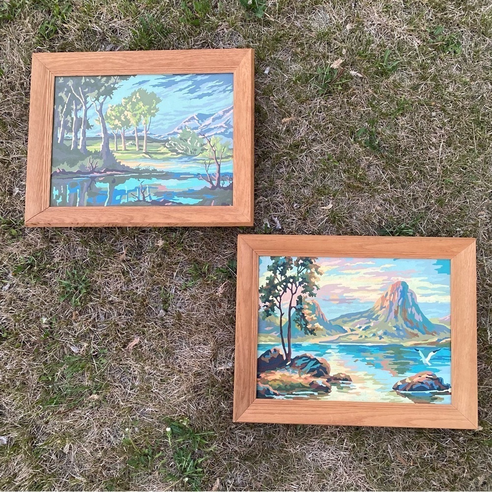 Vintage Paint by number paintings signed 1957 mountain scene wilderness